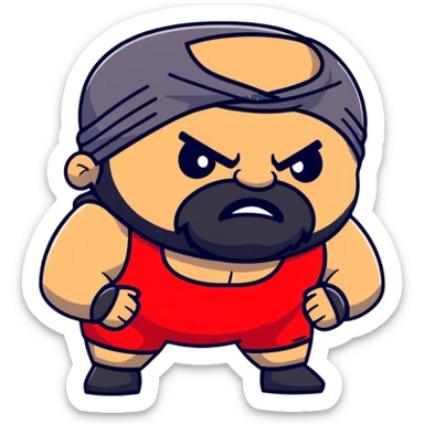 White skin fat guy with prominent black durag, black beard, black eyes in a red and black wrestling singlet with angry face sticker