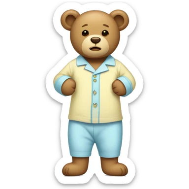 Light brown teddy bear with a light blue Pyjamas, with two light yellow buttons on the pyjamas sticker