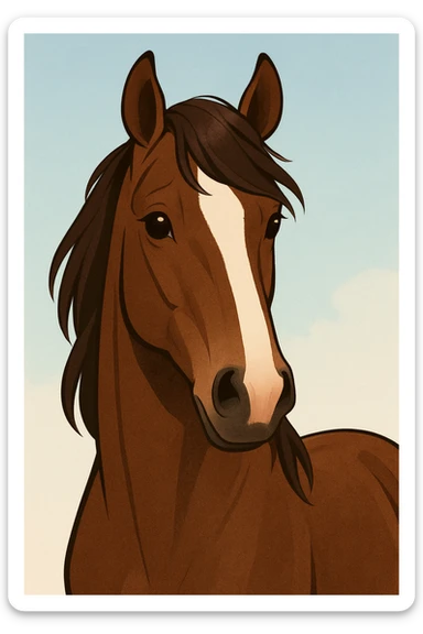 brown horse with chocolate mane and a long white stripe on its muzzle, clean appealing style sticker