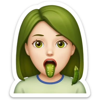 A girl opening her mouth insanely wide with a pickle inside her mouth  sticker