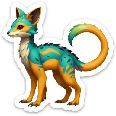 Rare realistic exotic edgy epic pretty beautiful handsome gorgeous aesthetic colorful vibrant Vernid-Trico-species-Fakemon-creature by LiLaiRa, 4 legs, 1 tail, random markings, (full body) sticker