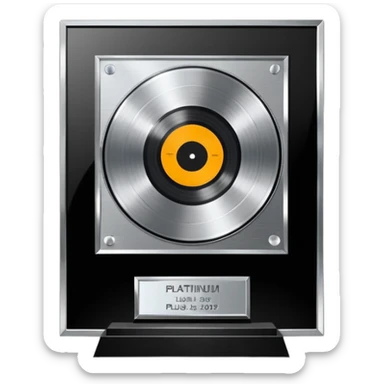A platinum music award plaque: a square, polished platinum plate with a subtly textured, mirror-like finish, mounted on a simple dark metal base. The center features a relief of a or stylized vinyl record in a slightly darker metallic tone.  sticker