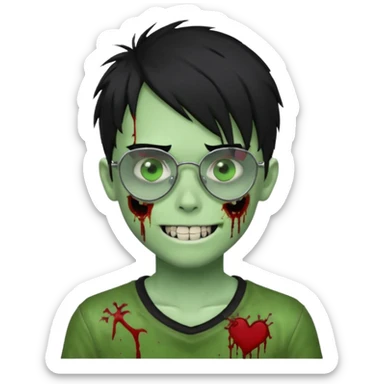 Zombie emo boy, green skin and black hair, chrome heart glasses and a scary smile, scars and blood under eyes sticker