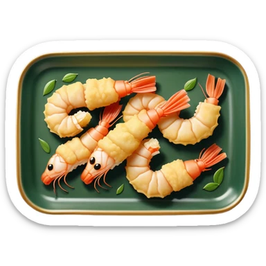 Tempura shrimps on a rectangular dark green porcelain tray sticker