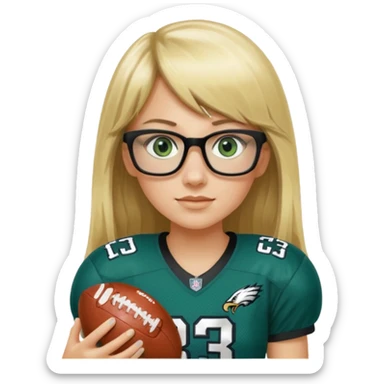 long blonde hair with bangs small black rectangle glasses female green eyes football player wearing eagles jersey number 33 holding football sticker