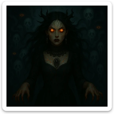 Add ornate gothic jewelry including a black lace choker, silver pendant, and dark gemstone earrings while keeping the horror and supernatural features intact. sticker