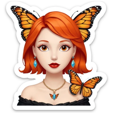 A siren with dark orange hair, red lips, dark eyes, nice eyelashes, ear piercings, a necklace and a Monarch butterfly on her shoulder sticker
