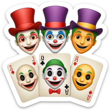 3 poker cards, with crazy colorful human jolly jokers inside, face only sticker