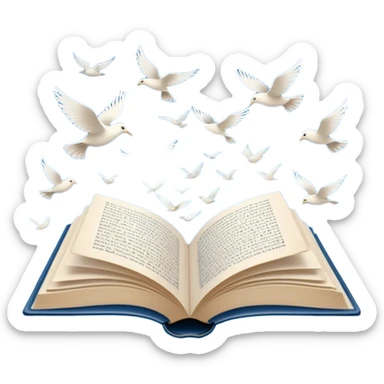 Icon for Poetry Reading: an open book with pages flying out, transforming into a large flock of small white birds soaring into the blue sky. The icon should evoke the freedom and beauty of poetic expression. Transparent background. sticker