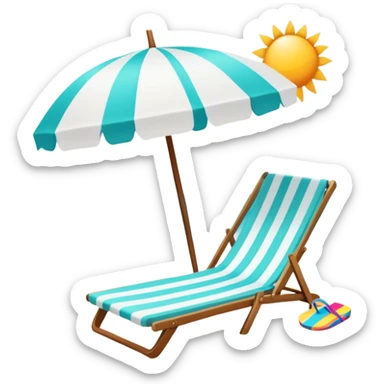 Vibrant Icon for Beach Tourism: a sunny beach with the sea, a lounge chair, a sun umbrella, and flip-flops. The icon should capture the essence of a relaxing beach vacation with a carefree atmosphere. Transparent background. sticker
