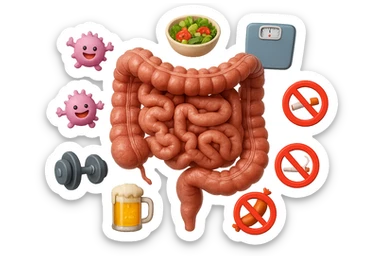 intestino umano anatomico realistico al centro, intorno al quale ruotano emoji stile iphone di: due batteri intestinali felici, una bowl di insalata, una bilancia pesapersone, manubri da palestra, e un boccale di birra con divieto 3d sopra, una sigaretta con divieto 3d sopra e un wurstel con divieto 3d sopra, fluttuano in aria, iperrealistico 4k sticker