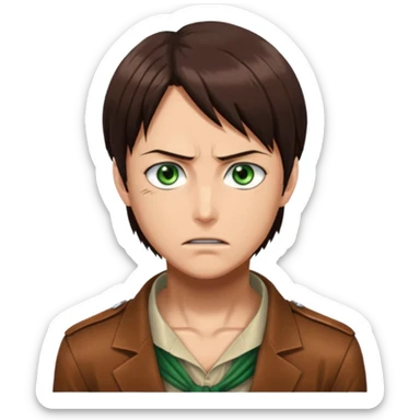 “Create an avatar that looks like Eren Yeager from Attack on Titan, Season 4 — sharp jawline, tied-back long brown hair, intense green eyes. No expression.  sticker