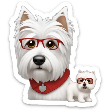 Hombre con gafas con montura roja y pelo de punta con un perro westie sticker