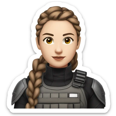 A young woman with a petite and slender build, pale, hazel eyes, and long brown hair with a silver streak, pulled back into a braid. She’s wearing black tactical battle gear. The end of her hair is white sticker