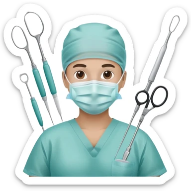 Surgeon in operating room with surgical mask and tools sticker