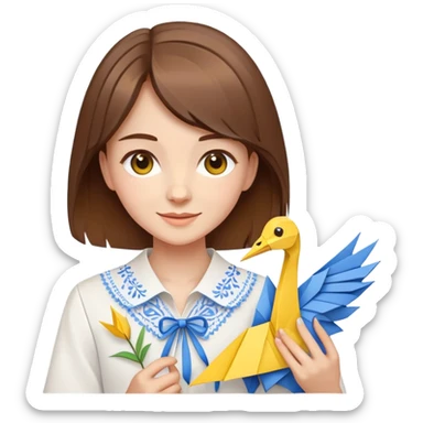 Happy Ukrainian young girl with brown hair in a white embroidered shirt holds an origami yellow and blue crane sticker