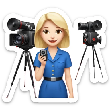 an actress standing on a red carpet, smiling, with a film camera next to her. sticker