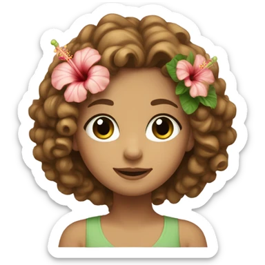 Beautiful White girl with curly light brown hair and green eyed and little nose and hibiscus in her hair sticker