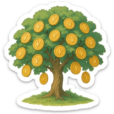 ghibli style illustration of investment, a tree with golden coins sticker