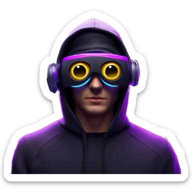 Russian man wearing a black hoodie with "OMG" letters on it and VR headset in a cyberpunk VR environment with violet neon lighting. sticker