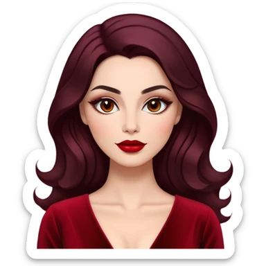 Confident woman with luminous skin, elongated face, defined features, dark almond eyes with dramatic eyeliner, thick eyebrows, straight elegant nose, full bright red lips, voluminous dark hair with soft waves, wine red velvet V-neck dress sticker