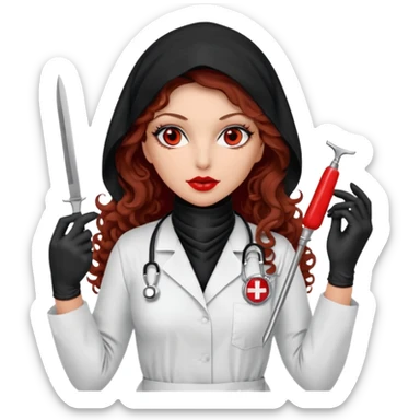 


Scary woman scalpel in hand, evil surgeon sexy surgeon clothes.  She has redcolored  eyes. Her  hair only is free ne brown long curly hair. Wears sexy doctor outfit with red gloves. make her wear full Muslim burka to mask and nose mouth mask  to hide. Wears white surgeon coat, wears  stilettos sticker