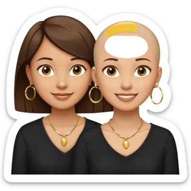 Three sisters olive skin tone one with bald head and one with pixie brown hair cut and the other with long brown hair wearing gold hoop earrings and gold necklace and black shirts sticker