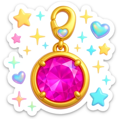 add more Y2K accents: pastel stars, iridescent hearts, and neon sparkles around the elegant round cut pink sapphire holographic charm with gold setting and gold jump ring, extreme close-up, 3D emoji style sticker