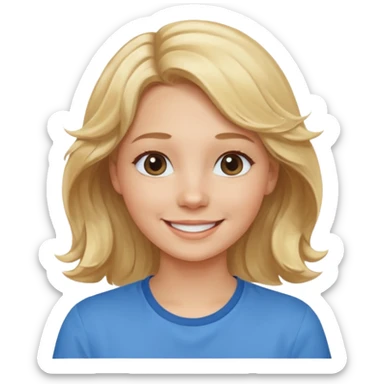 Happy blond girl with light weavy hair with a blue shirt but we can see only her face and neck and the top of the t shirt, no whole body sticker