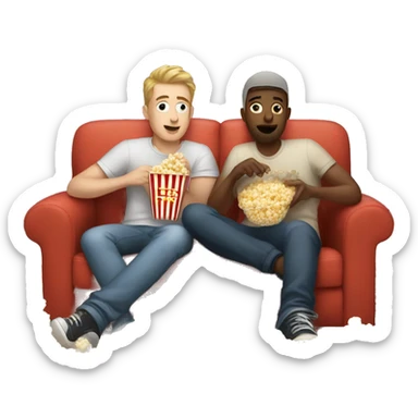 Two white gay men and dog eating popcorn on couch sticker