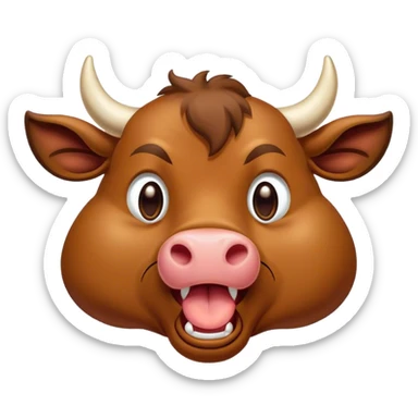 Cinematic Cute Yawning Brown Bull Portrait Emoji, Head tilted slightly with a dramatic, wide-open yawn, showcasing a smooth, rich brown hide with a subtle texture, floppy ears slightly drooping, round dark eyes barely open in drowsy contentment, Simplified yet irresistibly adorable features, highly detailed, glowing with a soft, cozy glow, high shine, relaxed yet expressive, stylized with a touch of rugged whimsy, bright and endearing, soft glowing outline, capturing the essence of a sleepy yet affectionate guardian, so drowsy it feels like it could charge right out of the screen and curl up for a nap! sticker