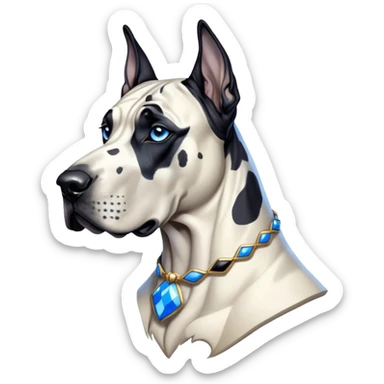 Cinematic Noble Harlequin Great Dane Portrait Emoji, Poised and regal, with a towering, muscular build and a striking coat of predominantly white with bold black patches, deep-set soulful blue eyes, Simplified yet sharp and sophisticated features, highly detailed, glowing with a soft, dignified glow, high shine, intelligent and loyal, stylized with an air of majesty, focused and attentive, soft glowing outline, capturing the essence of a watchful and confident guardian, so majestic it feels as though it could stride out of the screen with effortless authority! sticker