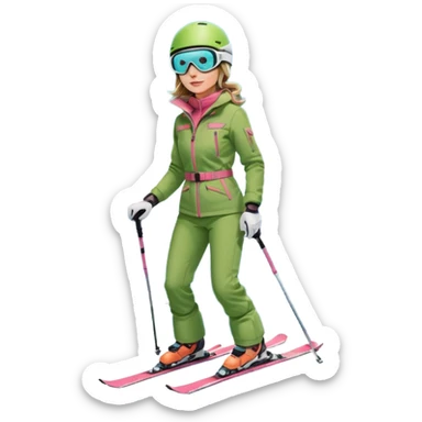 Woman, skiing, White helmet, rosa goggles Green Jacket, green trousers, blue skibackground Matterhorn sticker