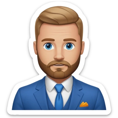 create a master of tactical finesse, a muscled white man in a bespoke suit, blue eyes with a beard sticker