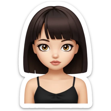 generate a pretty bratz girl in black cami top, dark brown straight bob hair with bangs, eyeliner on, sticker