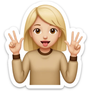 Tongue out with hands to the sides and one hand written 6 other hand with number 7 sticker