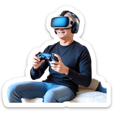 Homme noir, week-end détente, avec casque VR et manette PS 2025, assis dans un salon cosy décor Noël. Père Noël à côté, sourire amical, sapin illuminé, guirlandes et cadeaux au sol. Style réaliste, lumineux, ambiance festive & gaming. sticker