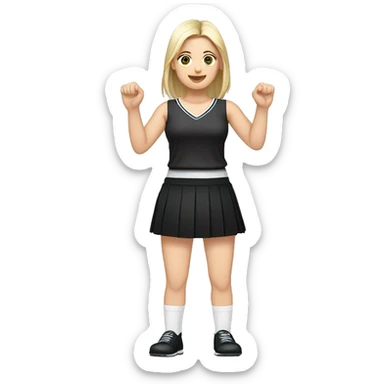 Front view full body caucasian beauty sitting straight hands up black skirt white knickers white socks sticker