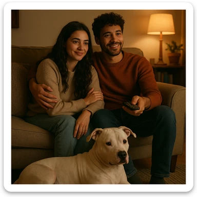 boyfriend and girlfriend cuddling while watching TV, white pitbull at their feet, soft lighting, homey vibe sticker