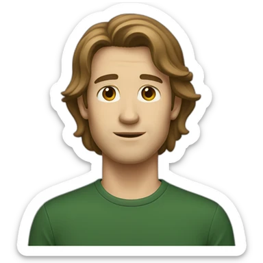 tall skinny white guy with shoulder length brown hair and dark green t-shirt sticker