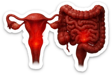 utero umano anatomico iperrealistico e intestino umano anatomico iperrealistico hanno in comune il dolore e l'infiammazione, rendi bene il collegamento tra i due organi doloranti, falla iperrealistica, non disegnata sticker