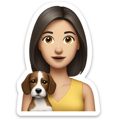 medium length pretty brunette haired woman with black eyes holding a dog sticker