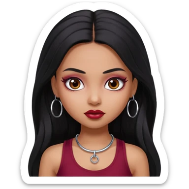 a pretty bratz girl with long black hair, kajal under eyes, small silver hoop. Dark cherry red tank top on.  sticker
