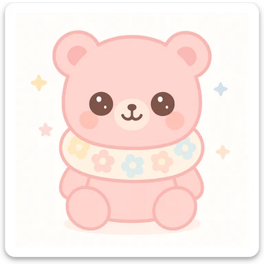 pink teddy bear with a colorful flower-patterned neck pillow, cheerful expression, minimal background sticker