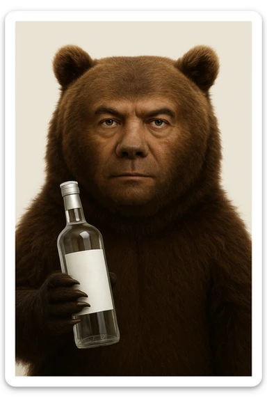Сгенерируй мне медведя, с лицом этого человека (Дмитрия Медведева). Он держит в руках водку, с пустой этикеткой, без надписей. sticker