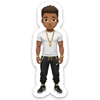 Handsome Black guy with brown skin tone, with muscular build, wearing black sweatpants, a white t-shirt, black Nike air max, a small gold rope chain, and a gold watch  sticker