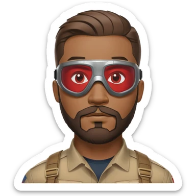 sam wilson with a close to the scalp hair  and  a well-groomed beard that connects to his mustache,  wear sleek, red-tinted tactical goggles fit snugly from captain america: civil war sticker