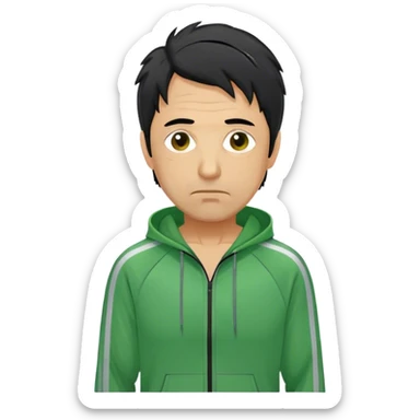 Park is a middle-aged man, around 40 years old, green tracksuit.  His black hair, streaked with strands of gray, is unkempt and damp with sweat. sticker