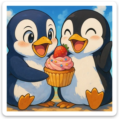 anime style penguin sharing a cupcake with a friend, both looking happy, vibrant colors, expressive faces sticker