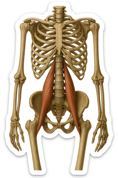 fai un immagine identica che riguarda IL MUSCOLO PSOAS i in evidenza (anatomicO) con colori naturali di un corpo umano. falla iperrealistica anatomica in 4k sticker